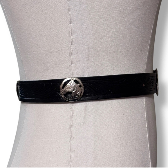 JUSTIN Black Tooled Top Grain Leather Belt Silver Tone Buckle & Accents - Picture 5 of 10